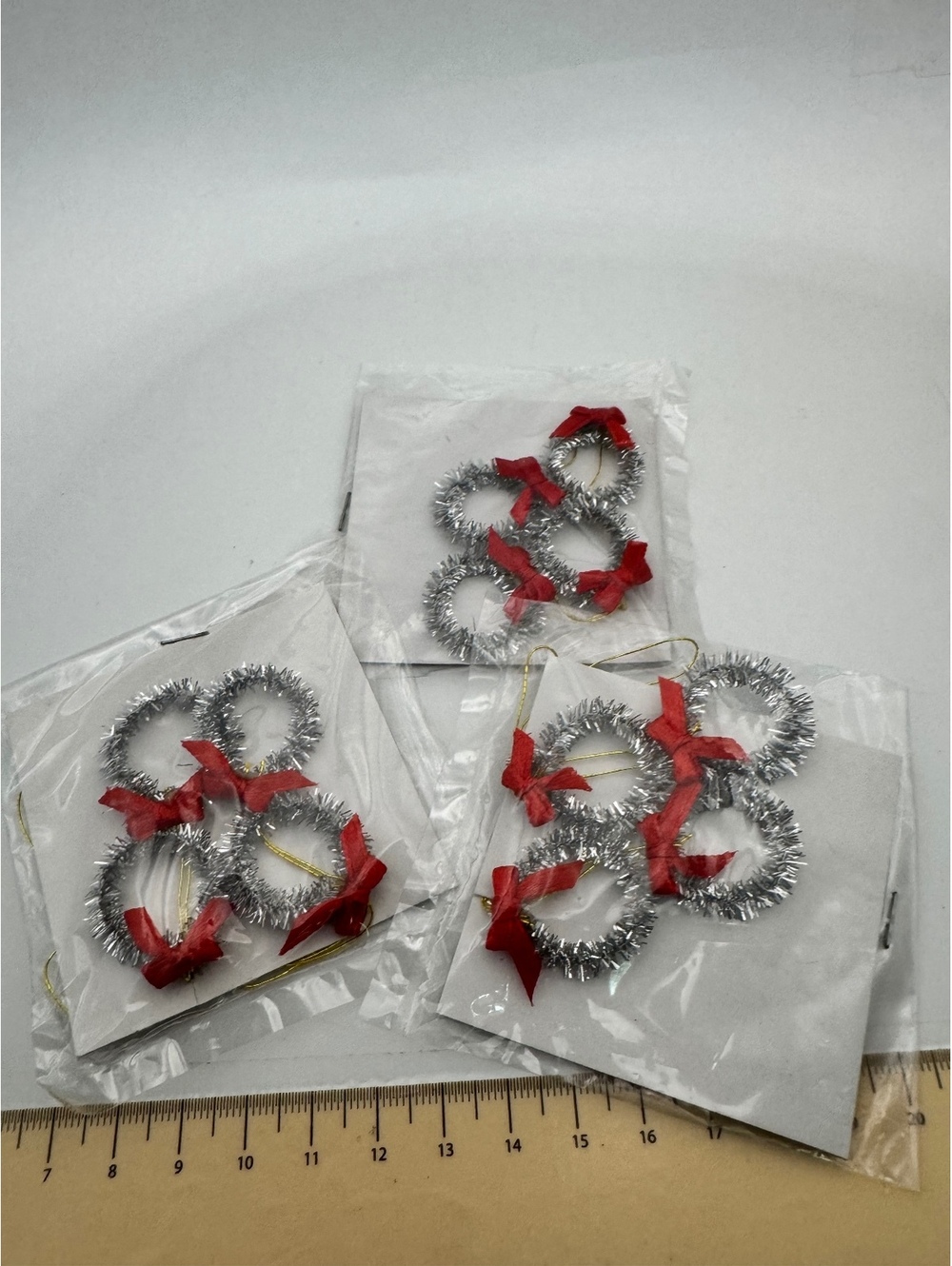 Santa's Workbench Tree A Tree Christmas Ornaments - Set of 4 Silver Wreaths NOS